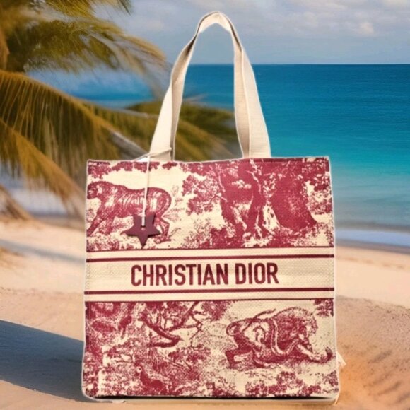 New Christian Dior Exclusive ‘Dioriviera’ Red & Beige Large Straw Tote Bag - Picture 1 of 8
